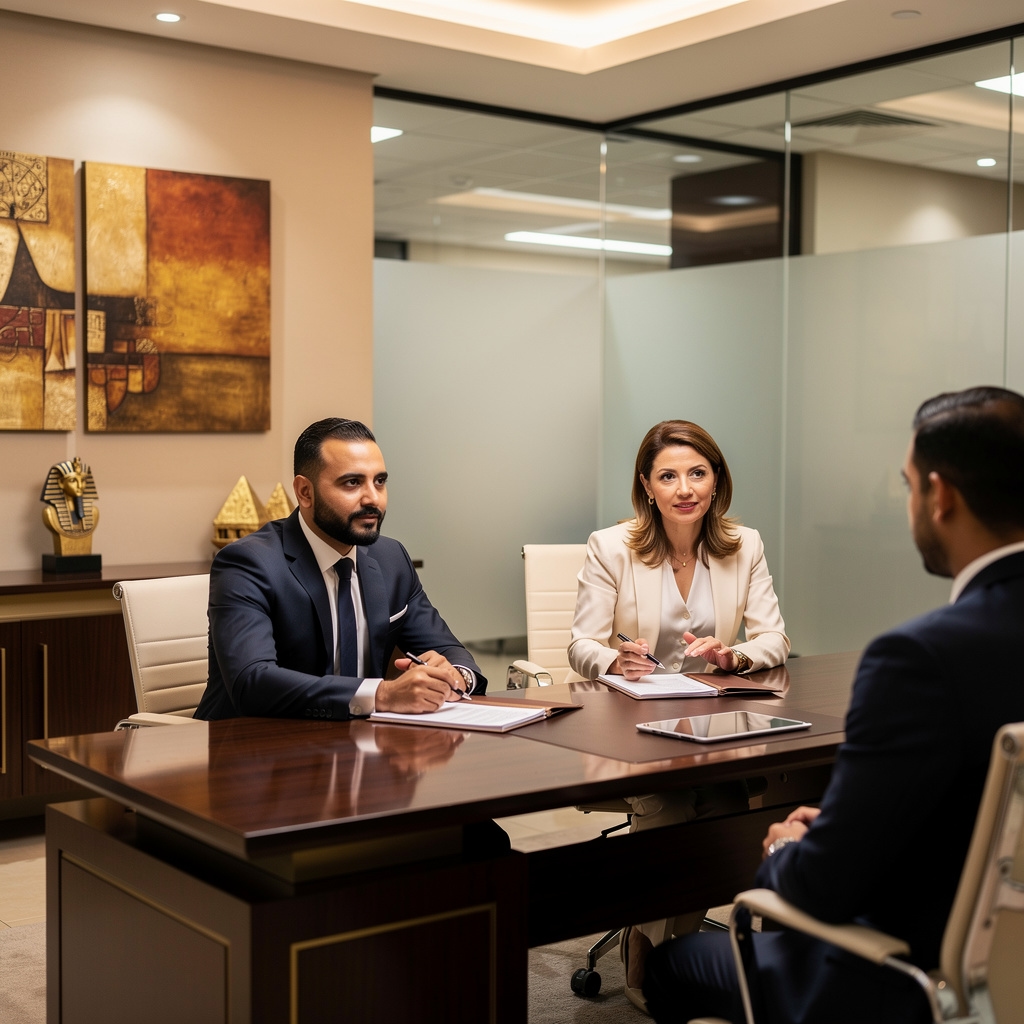 Expat professional and relocation advisor seated at a bank desk in Cairo reviewing account opening documents