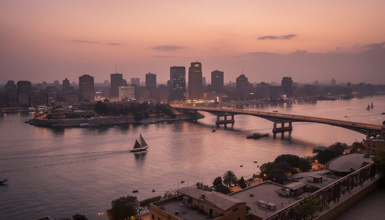 Wide aerial view of Cairo's Nile-side districts showing the city's scale and density at dusk