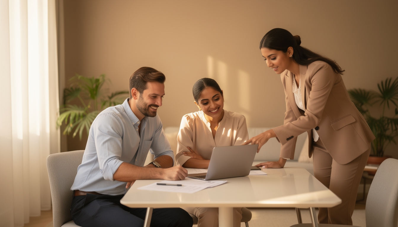 Expat family consulting with relocation specialist in a bright Cairo apartment