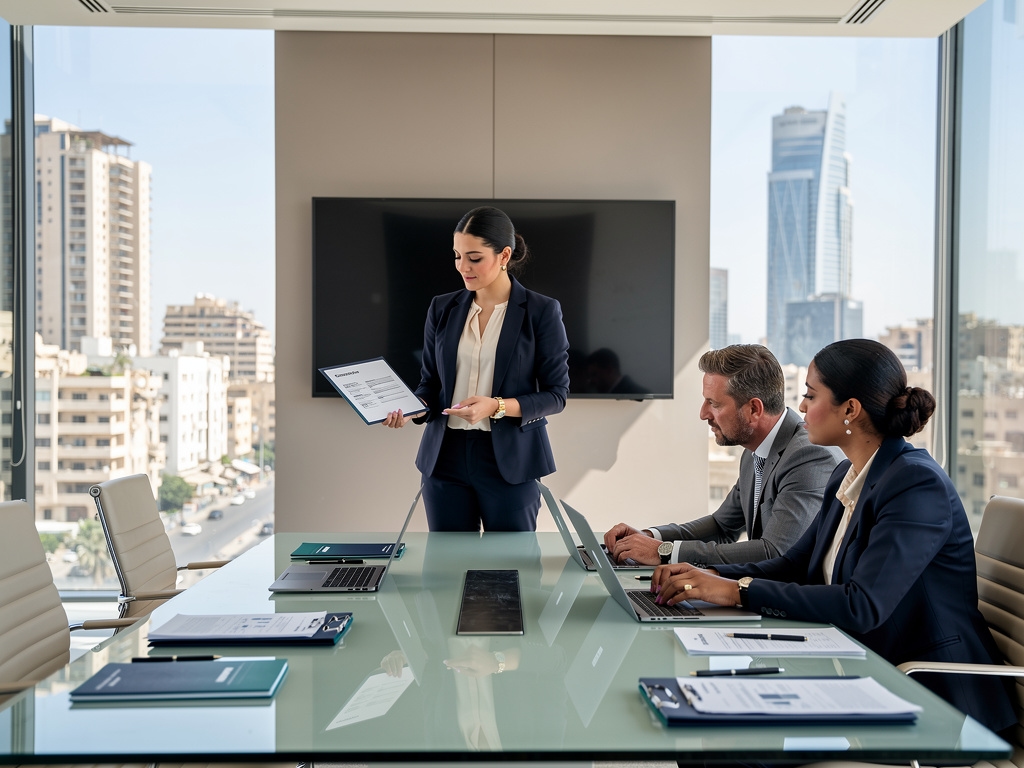HR manager and relocation consultant reviewing an employee relocation package in a modern Cairo office boardroom