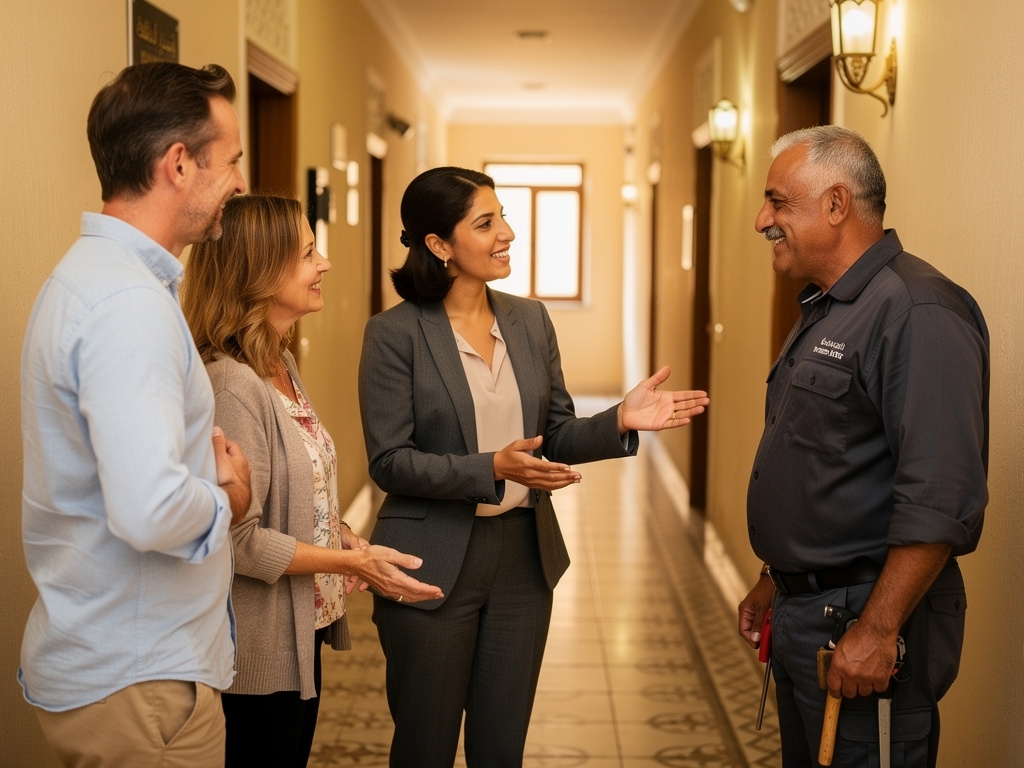 Relocation advisor introducing an expat family to a trusted English-speaking service provider in a Cairo home setting