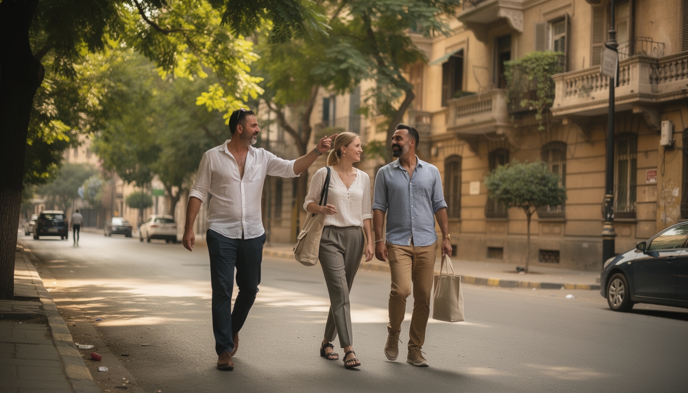 Relocation guide walking with expat couple through a tree-lined street in Zamalek, Cairo