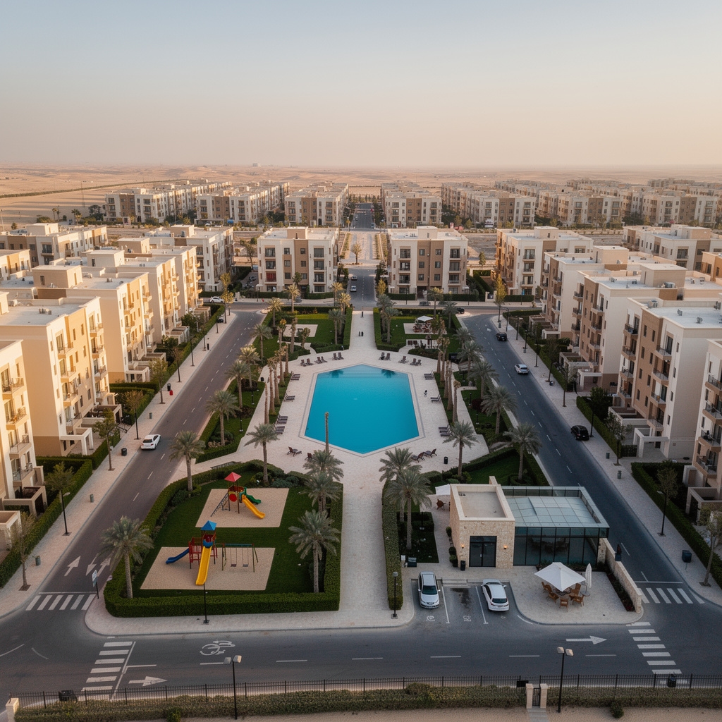 Modern residential compound in New Cairo with manicured gardens and newly built apartment buildings
