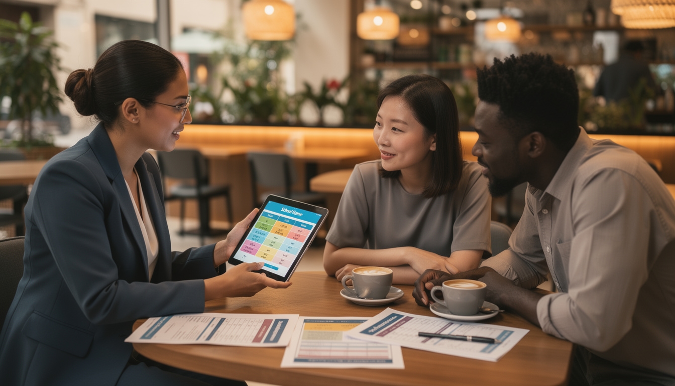 Relocation advisor showing international school options on a tablet to expat parents in a Cairo cafe