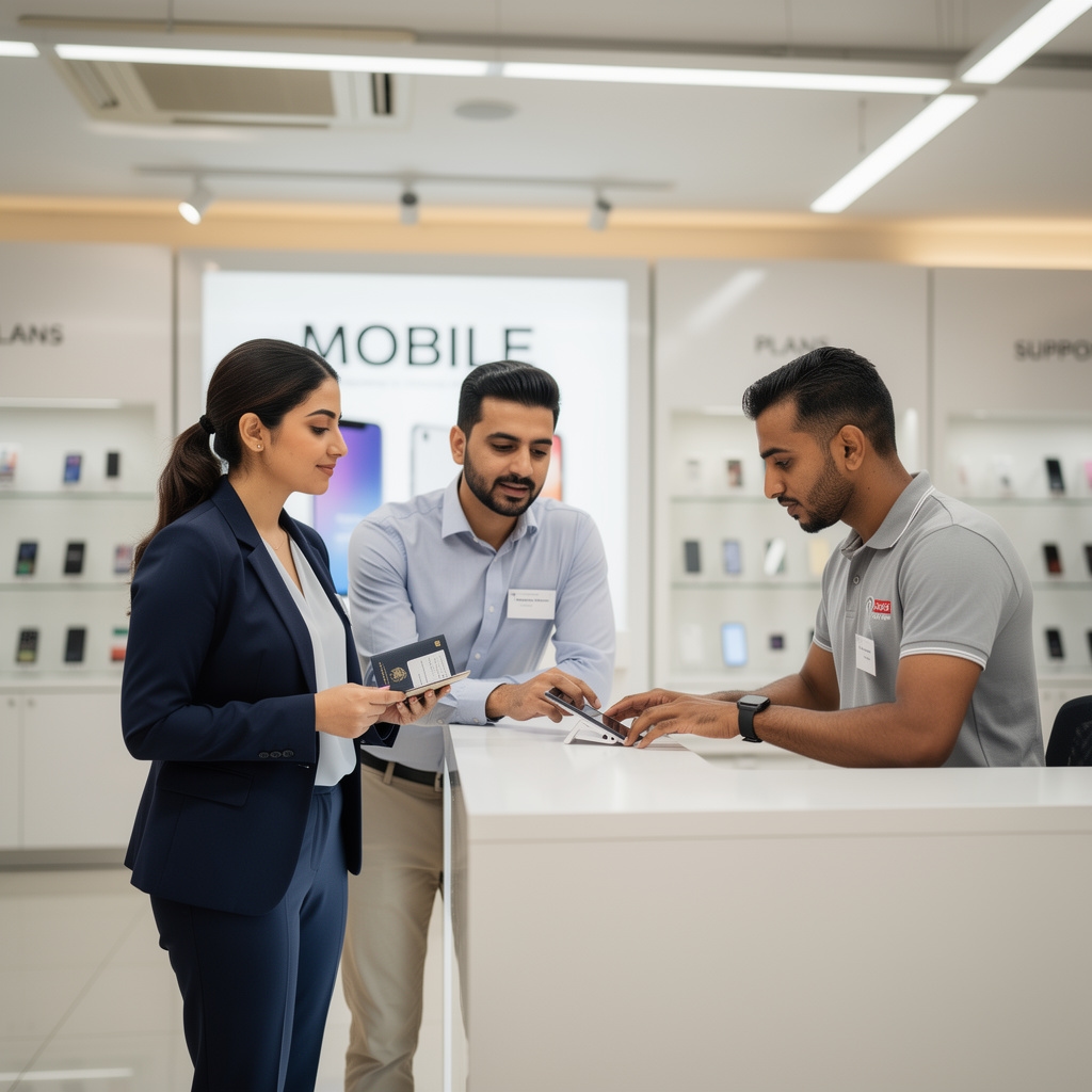 Expat professional and relocation assistant at a Cairo mobile carrier counter activating a new SIM card
