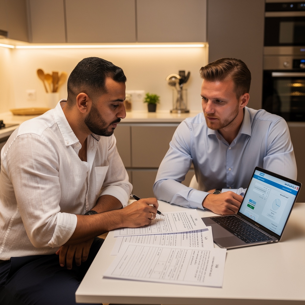 Technician and expat professional reviewing utility setup documents in a modern Cairo apartment
