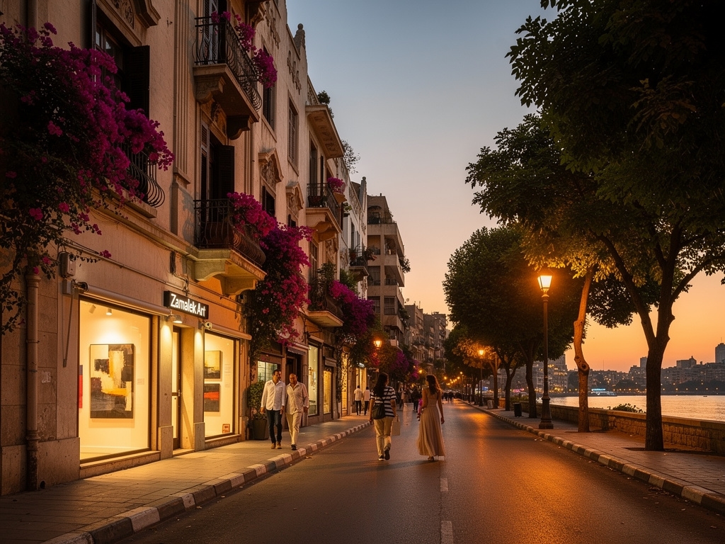 Elegant Nile-facing boulevard in Zamalek, Cairo, with art galleries and upscale cafes visible